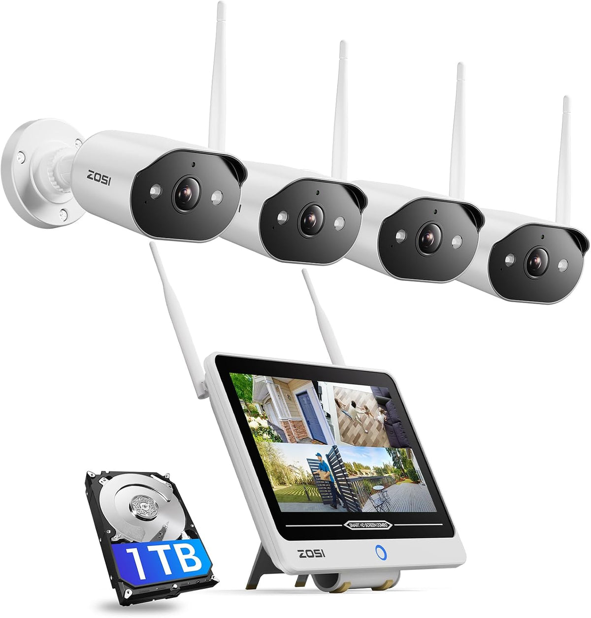 ZOSI Monitor, Weiß/Schwarz, 2K Wi-Fi 6 Überwachungskamera Set Aussen mit 12' NVR, 1TB HDD, 4X 3MP WLAN Kamera mit 2 Wege Audio