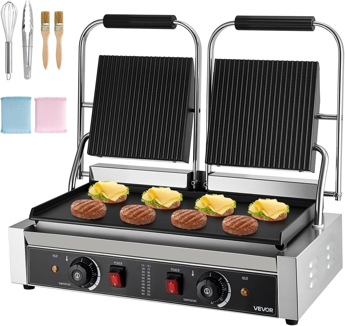 VEVOR Sandwich- & Paninitoaster, 48 x 23 cm, 3600 W, Silber, kommerzieller Panini-Grill Kontaktgrill für Sandwiches