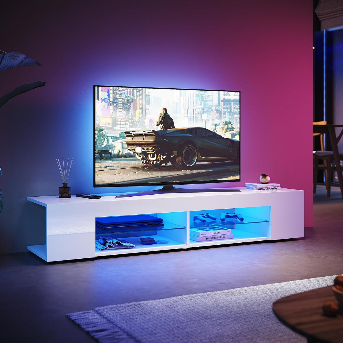 TV-Schrank SUNXURY, 5 mm, Schwarz/Weiß, Lowboard, TV Board mit LED-Beleuchtung Fernsehtisch mit Glasablage