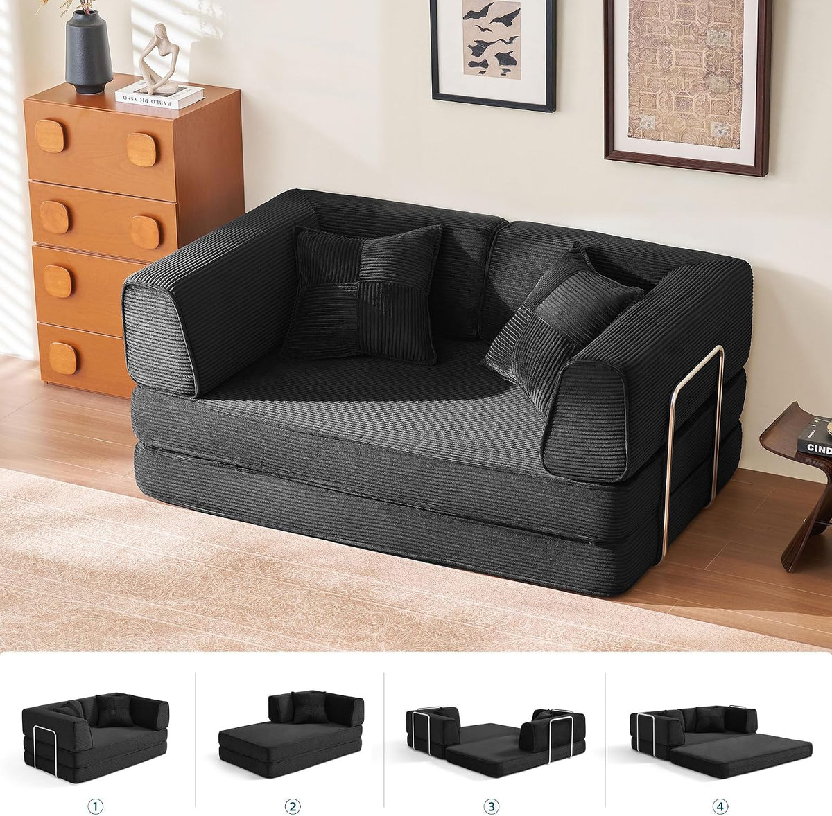 Sofa LINSY HOME, 160 cm, Schwarz, Schlaf - Boden Bed mit Pillow Back Support Armrest - Schlaf