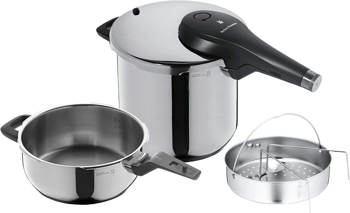 Schnellkochtopf-Set WMF Perfect Gasherd, 6,5l, 3l, Silber/Schwarz, One Pot Induktion 3-teilig, Dampfkochtopf + mit Einsatz