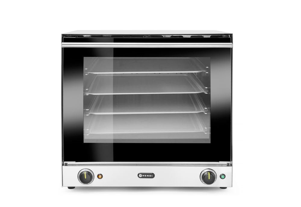 HENDI Backofen, 2670 W, 570 mm, 230 V, 2 L, Schwarz/Silber, Heißluftofen, mit 4x Backbleche, mit üfter, doppelt verglast