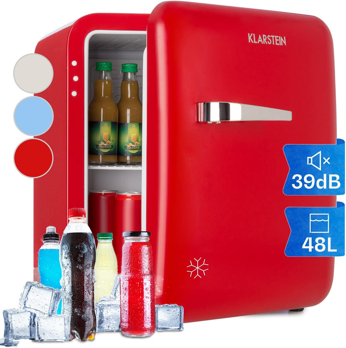 Klarstein Mini-Kühlschrank, 48 L, Rot, Mini Kühlschrank für Zimmer, für Getränke, Snacks & Kosmetik, Kleine Minibar