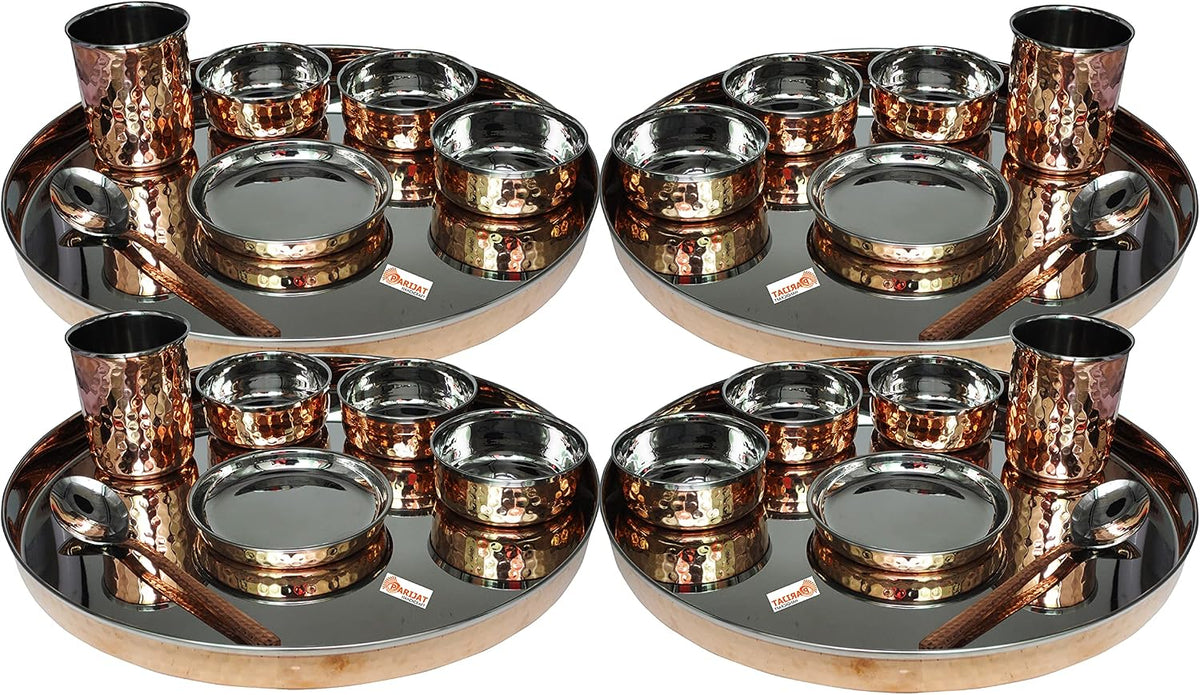 PARIJAT HANDICRAFT Tafelservice, 33 cm, Kupfer, Indisches Geschirr-Set, 25 Teile, Edelstahl traditionelles Geschirr-Set aus Thali-Teller