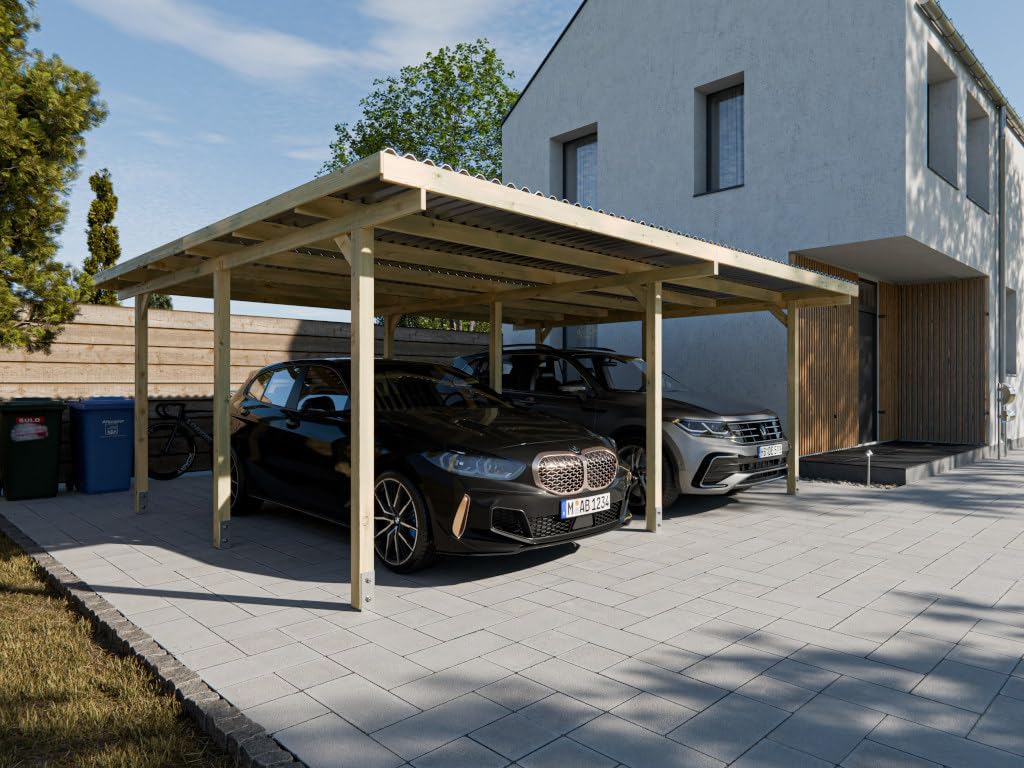 woodtex Carports, 595 x 495 cm, 210 cm, Naturholz, Holz Doppel-Carport, hoch, Fichte Kiefer Carport, mit UV-Schutz