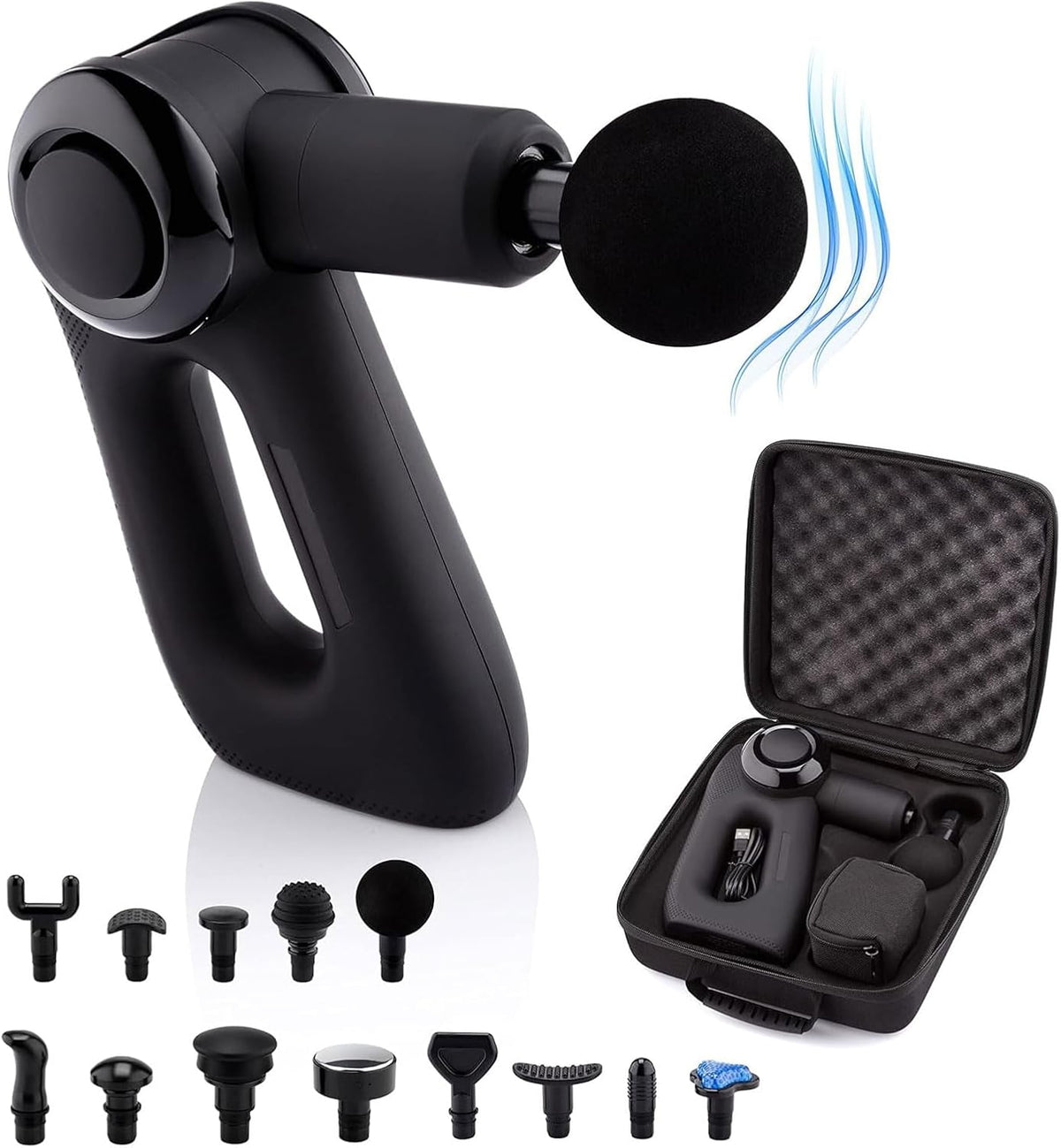 Medivon Handmassagegeräte, Schwarz, Gun TYTAN PRO Kabelloses Handmassagegerät Massage-Pistole, 5 Arbeitsmodi 13 Massageköpfe inklusive