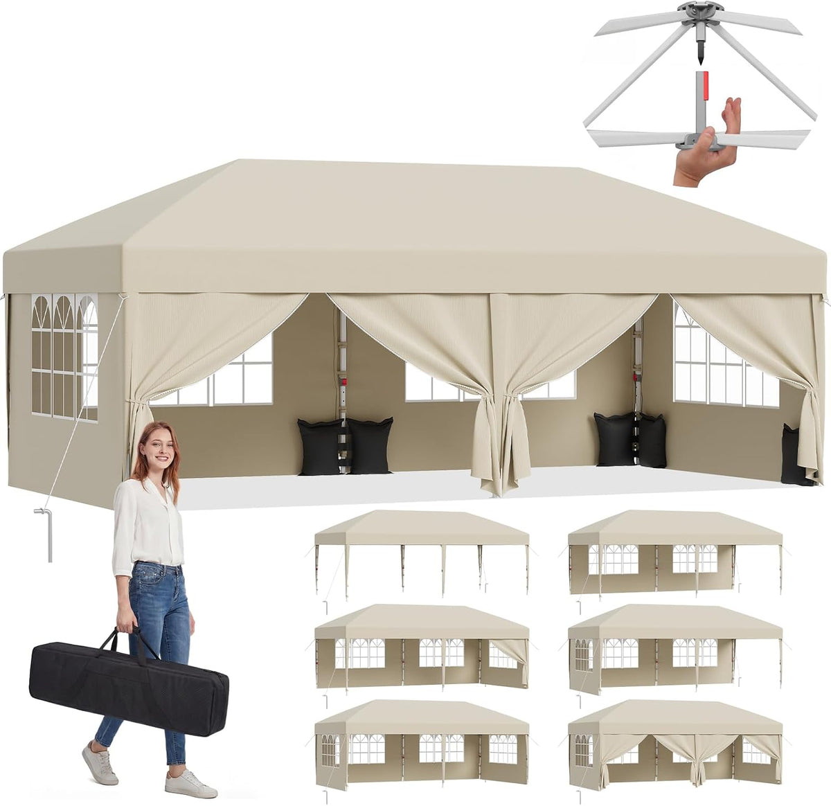 JUMMICO Pavillon, Beige, Pop up 3x6 wasserdicht stabil Winterfest, One-Touch-Aufbau, Falt mit Seitenwänden, UV 50+