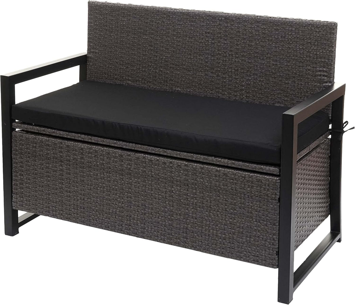 Mendler Sitzbank, grau/schwarz, Poly-Rattan 2er HWC-F39AM - grau, Kissen schwarz