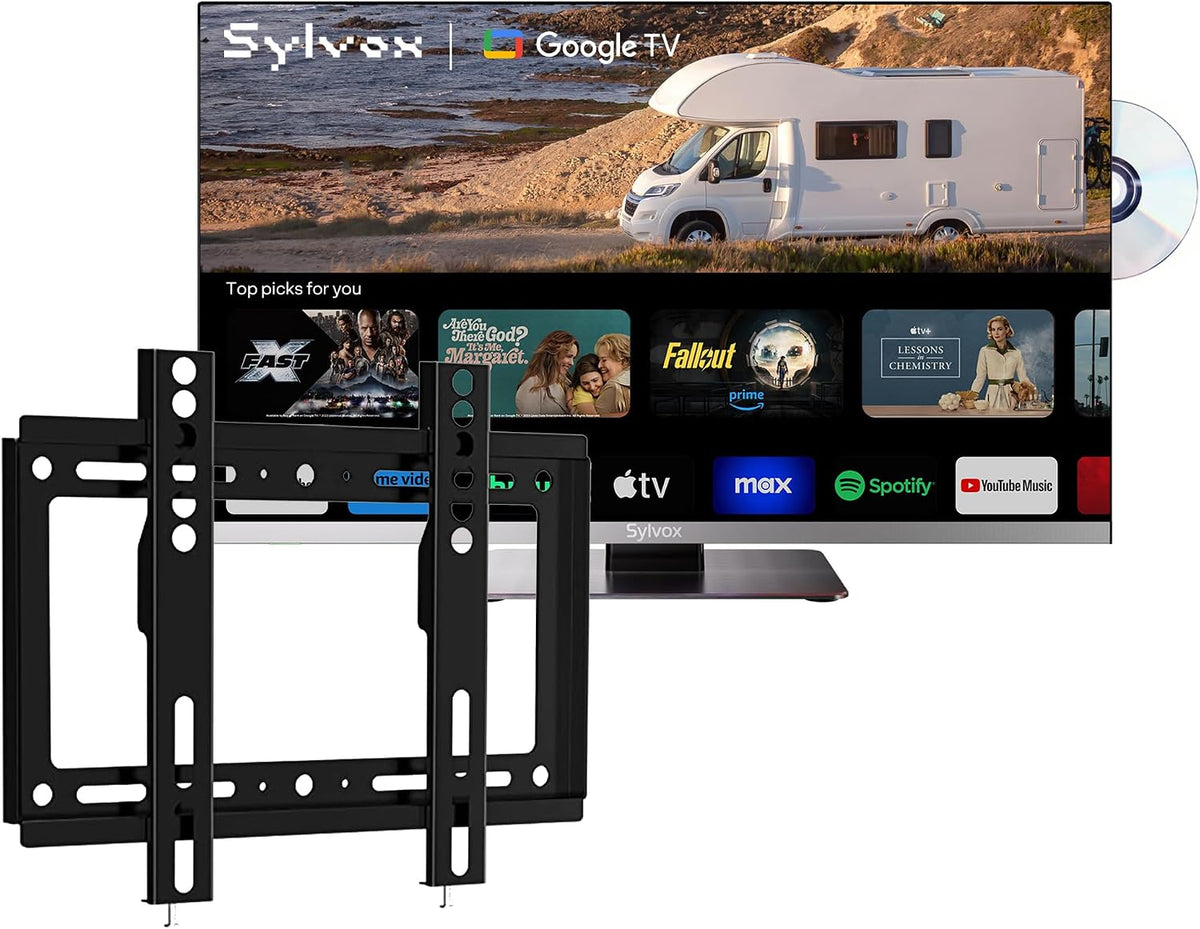 SYLVOX Fernseher, 12 V, Schwarz, Smart TV, 22' Wohnmobil mit DVD-Player, Smart TV 1080P Full HD, Google TV, Bluetooth
