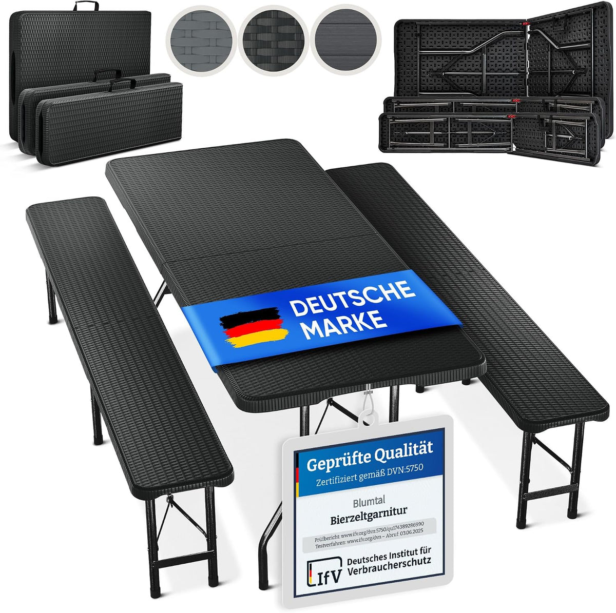 Blumtal Gartenmöbel-Set, Schwarz, Gartengarnitur, Bierzeltgarnitur 3er Set - 2X Bierbank + 1x Biertisch