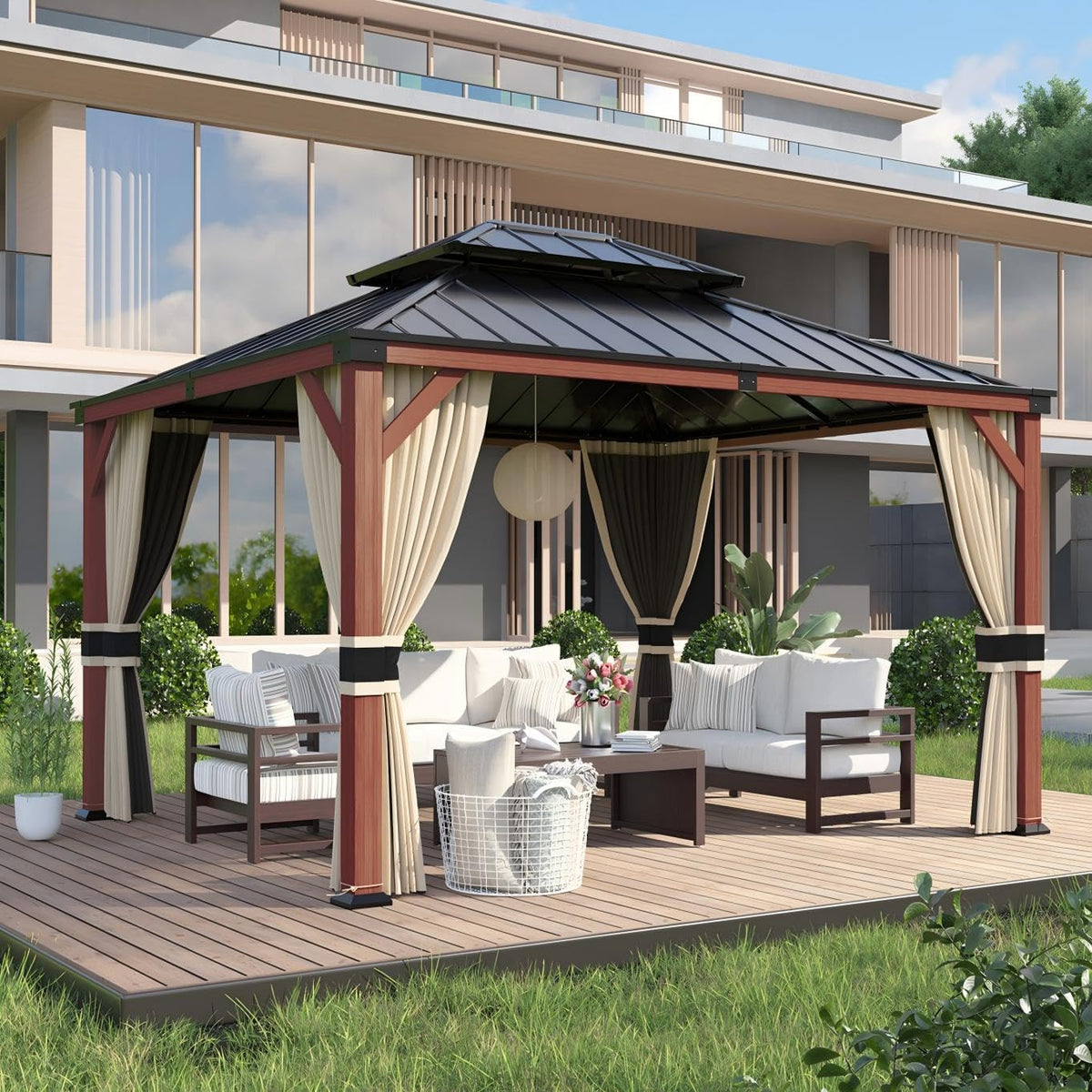 UDPATIO Pavillon, 3.65 m, Beige, 3 x Holzmaserung Garten Wasserdicht Stabil, Terrasse, Rasen