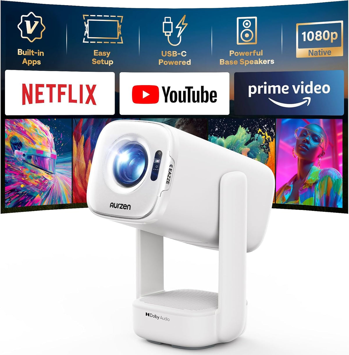 Aurzen Beamer, Schwarz, D1 air Smart mit Netflix, USB-C-Aufladung, Native 1080P
