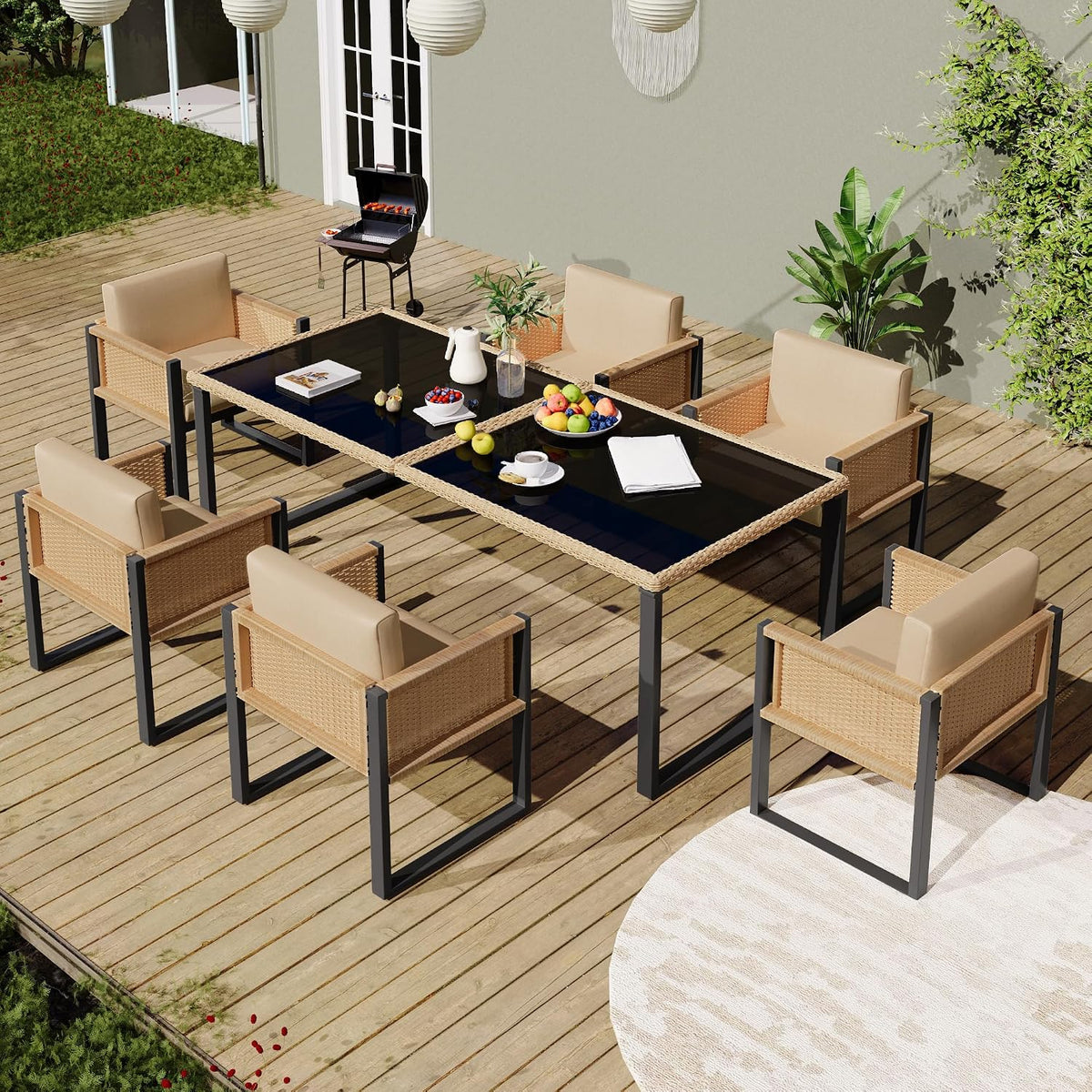 Gartenmöbel-Set Merax, Braun, Gartenmöbel Set 6-Personen, Outdoor Balkonmöbel mit Esstisch, Terrasse, Balkon