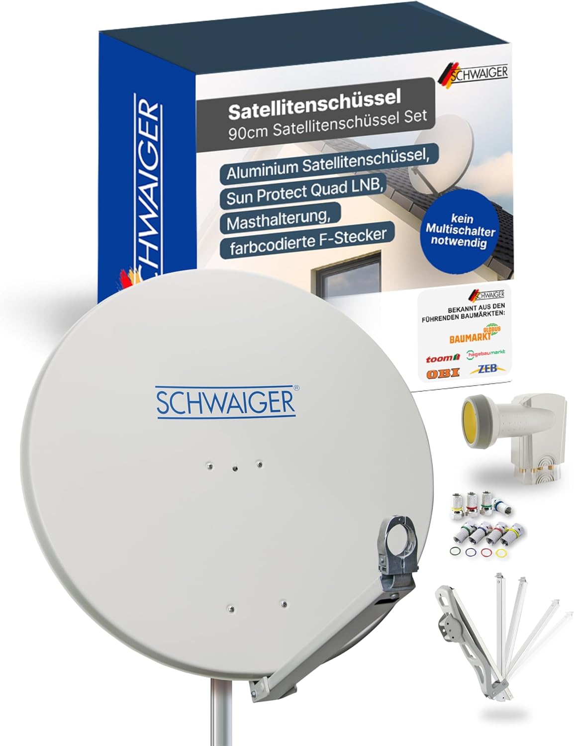 SCHWAIGER Satellitenschüsseln, 88 cm, Mehrfarbig, Satellitenschüssel Komplettset - Ø Aluminium Offset Antenne