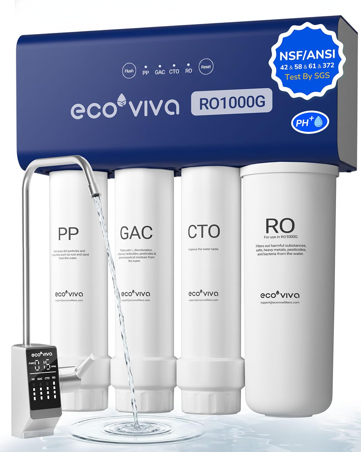 Ecoviva Filtrierung für unter & über der Spüle, Grau, Untertisch Umkehrosmoseanlage Trinkwasserfilter mit, 1000G Direktfluss