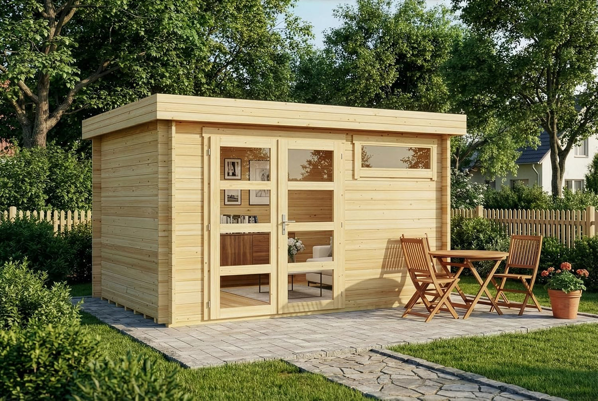 Gerätehaus Alpholz, 394x268 cm, 28 mm, Naturholz, Gartenhaus Leandro mit Fußboden aus Holz, mit Wandstärke in Naturbelassen
