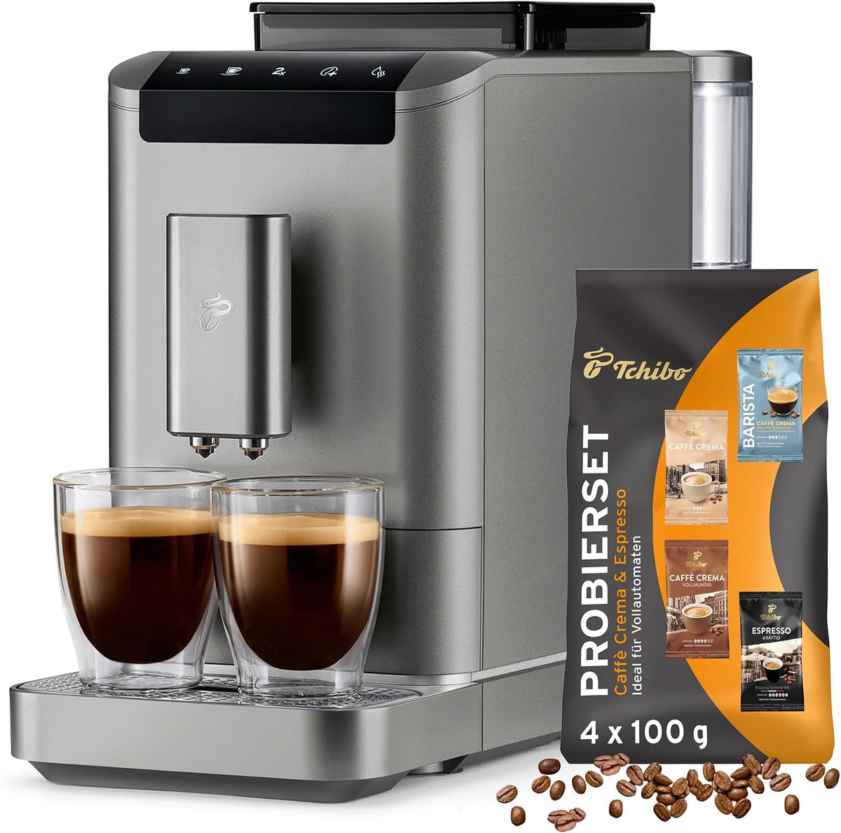 Tchibo Kaffeevollautomat, Silber, Esperto2 Caffè mit 2-Tassen-Funktion für Caffè Crema und, Titanium Silver - INKLUSIVE Kaffeeprobierset